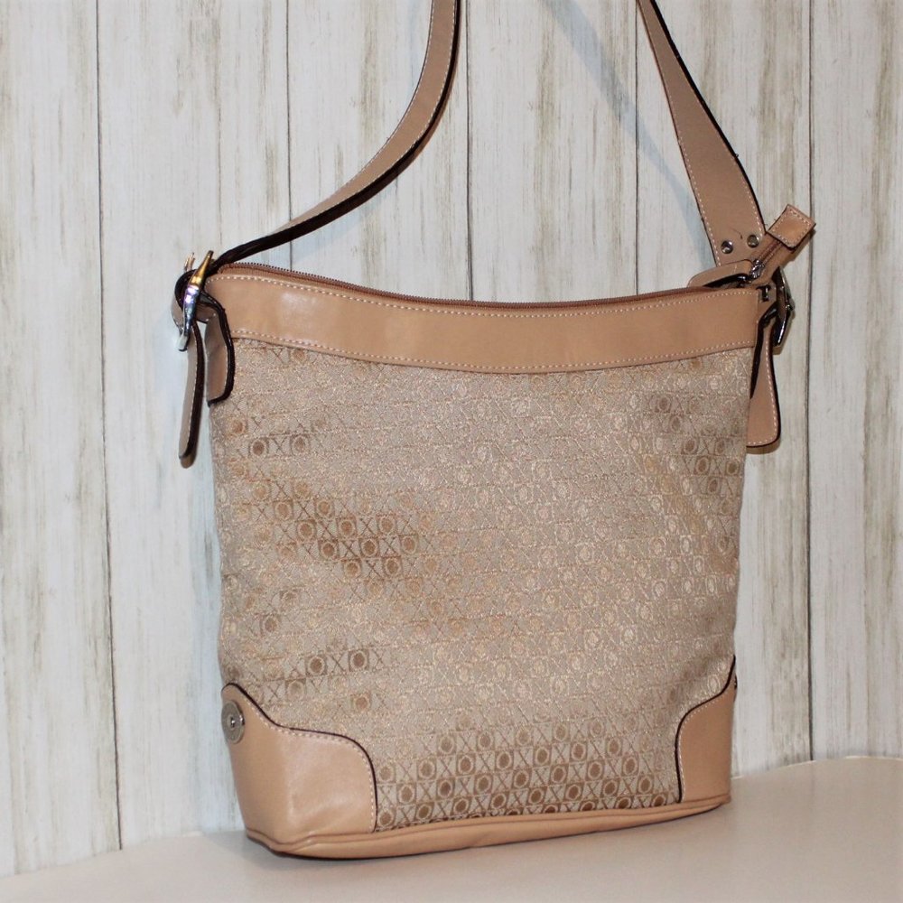 XOXO Gold and Beige Metallic Fabric Logo Print Shoulder Bag